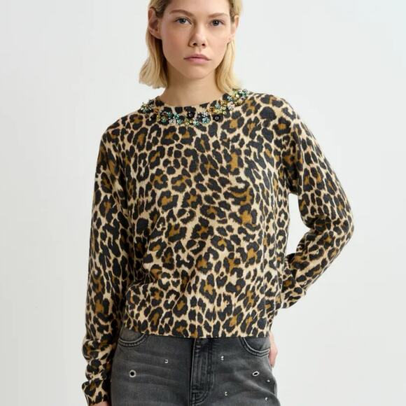 Essential Antwerp Wool Cashmere Leopard Beaded Neckline Sweater S - Picture 2 of 12